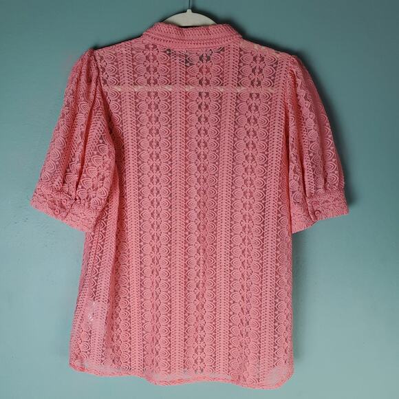 Esqualo Womens Peach Lace Short Puffed Sleeve Button Down Collared Blouse Size 6 - Picture 2 of 6